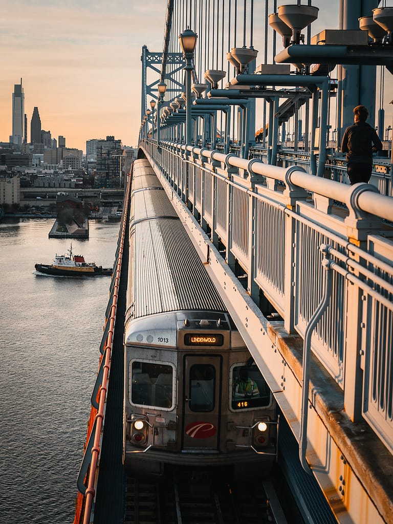 Subway ben Franklin bridge sunset Philadelphia